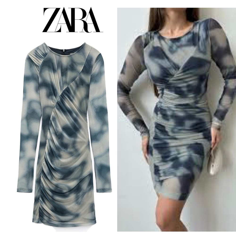 Zara Blue Printed Tulle Dress with a front twist detail long sleeve bodycon M